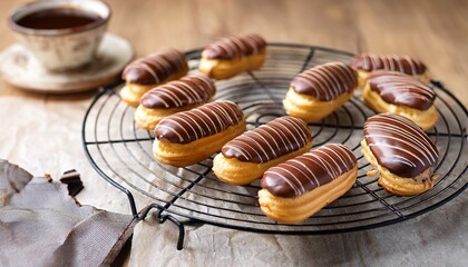 mini eclairs filled with custard and glazed with chocolate on a cooling rack styled with vintage baking paper
