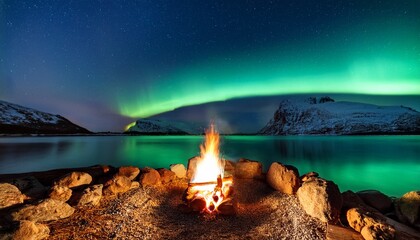nightly campfire on an island aurora borealis