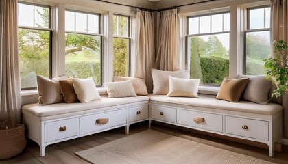 small bay window nook with built in white drawers taupe cushion soft beige throw pillows and sheer curtains filtering light