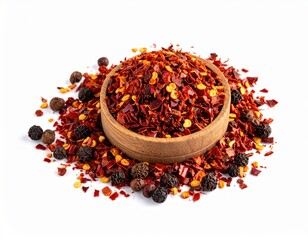 Vibrant red chili pepper flakes and black peppercorns, common cooking spices, fill a wooden bowl on a white background.