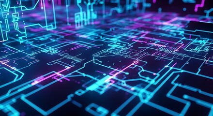 Dynamic digital circuit board design with glowing neon lines, perfect for tech, data, and futuristic concepts, offering modern visual appeal