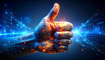 Thumbs Up in Digital World: A digital composite image of a hand giving a thumbs up, with a network of digital information around it, celebrating the power of agreement and technology.
