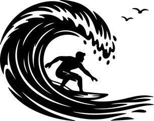 Surfer riding a large wave silhouette isolated on white background