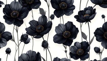 Black Flowers on White Background Seamless Pattern