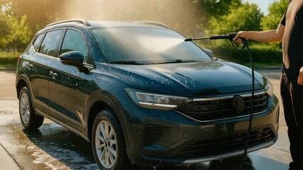 Low-angle shot of a car being washed with a pressure hose, capturing sunlight reflections. Ideal for a video on car maintenance or cleaning tips. Live desktop wallpaper.