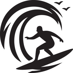 Surfer riding a large wave silhouette isolated on white background