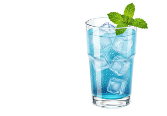 Isolated cold blue drink with ice cubes and fresh mint for a refreshing beverage treat