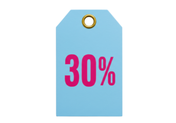 Isolated sky-blue price tag with thirty percent printed in pink with golden metal ring-hole
