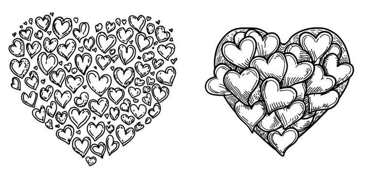 Black heart silhouettes grouped together create a larger heart formation, embodying the concepts of love and unity