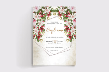 WEDDING INVITATION FRAME WITH FLOWER DECORATIONS AND FRESH LEAVES