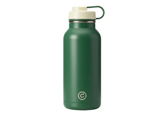 Isolated emerald green water bottle with handle and light beige lid, reusable, sustainable