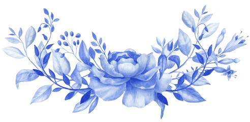 Chinoiserie border, watercolor blue flower frame, porcelain flower
