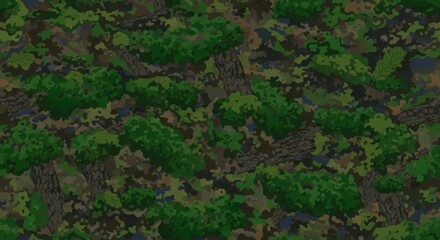 Fototapeta premium Dense forest camouflage pattern with various shades of green and brown, suitable for outdoor gear design