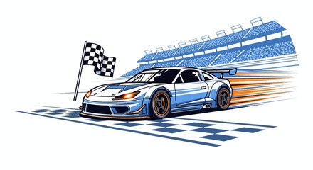 Automotive vector illustration sleek race car. Dynamic motion, vibrant colors, professional motorsport style. Use for branding, print, and digital media.
