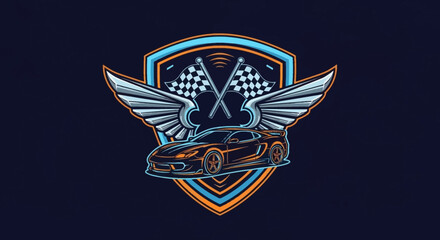Car club identity shield vector. Futuristic sports car with wings and checkered flag. Suitable for racing teams, automotive businesses, and brand creation.