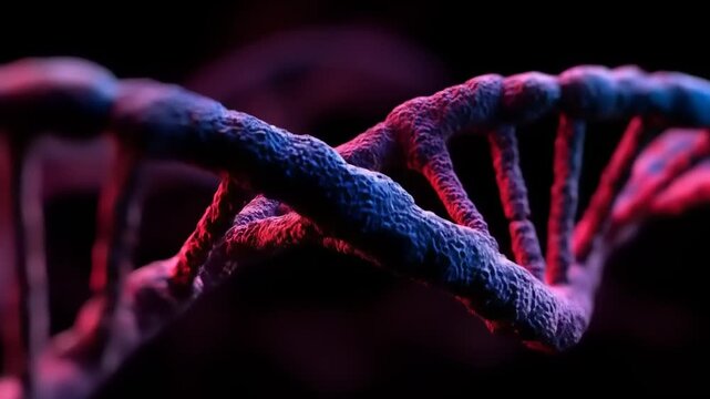 Close-up rendering of a DNA double helix illuminated with red and blue light against a black background