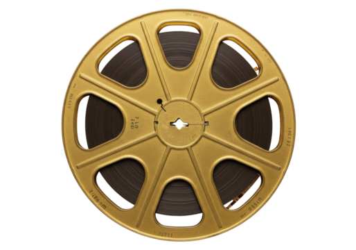 Isolated Golden Film Reel With Movie Film On It, Showing Side View, Centered, Studio Shot - Powered by Adobe