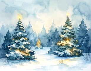 Obraz premium Sanfte Aquarell-Tannenbäume, die leicht mit Schnee bedeckt sind