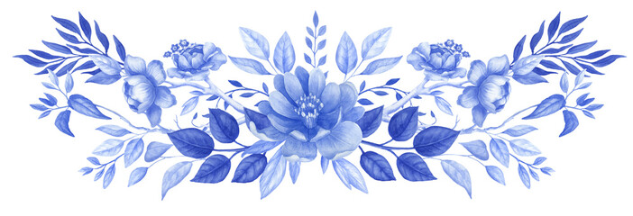 Chinoiserie border, watercolor blue flower frame, porcelain flower