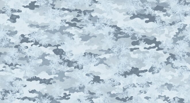 Abstract winter camouflage pattern featuring shades of blue and gray with snowflake motifs
