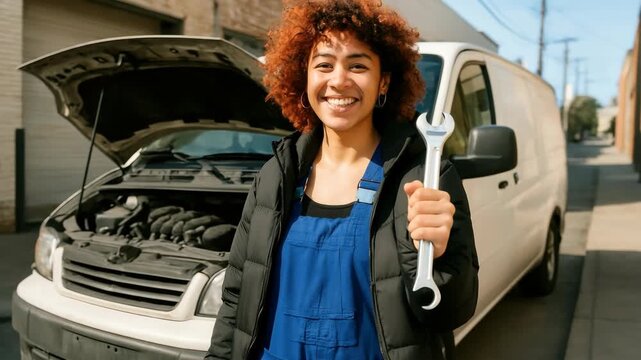 Smiling mechanic holding a wrench in front of a van with an open hood. Captured at eye level, this video still conveys a sense of approachability and expertise.