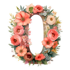 A  Watercolor  Floral Zero: A beautifully crafted number zero, artistically framed by an array of vibrant floral elements, showcasing the harmony between nature and numerical representation.