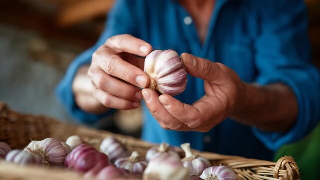 Close-up of European cooperative farmer’s hands sorting garlic and onions, artisanal organic processing, new crop heirloom varietals, farm fresh market ready, slow-food authenticity. three-quarter