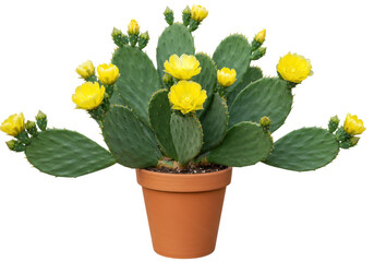 Isolated flowering prickly pear cactus in a pot, beautiful plant with yellow bloom indoor