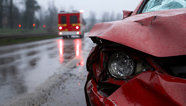 Red vehicle with extensive front-end damage. Emergency services personnel and vehicle visible in background on a wet, overcast day. Collision aftermath
