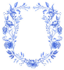 Chinoiserie border, watercolor blue flower frame, porcelain flower