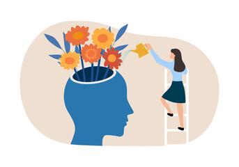 Mental health care, psychological therapy concept. woman with watering can irrigates blossom flowers inside head. Self care, healthy life. Psychologist help
