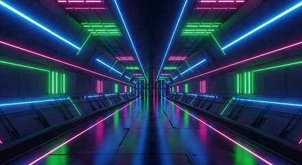 Dynamic futuristic neon tunnel with vibrant colors and reflections, perfect for technology, gaming, and sci-fi concepts