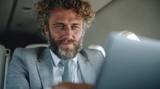 A businessman with curly hair and a beard is focused on his laptop while seated in a private jet. Sunlight streams in, creating a productive atmosphere mid-flight