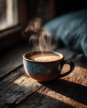 A steaming cup of coffee on a rustic wooden surface near a window with natural sunlight streaming in