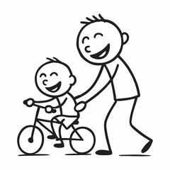 Dad teaching child to ride a bicycle stick figure line art on white