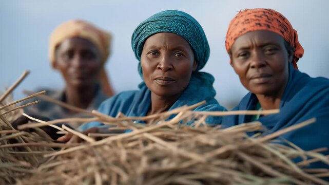 Savanna cooperative with Kenyan women threshing millet, drought-resistant eco-farming, women-led resilient harvest, African organic distribution. three-quarter wide angle, cinematic color