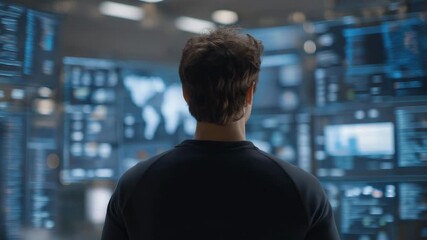 Silhouette of a programmer surrounded by floating holographic screens filled with datasets, coding languages, and deep learning visualizations, highlighting futuristic coding interface design, AI - Powered by Adobe