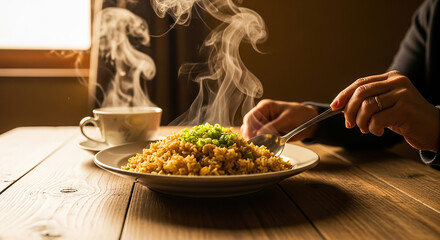 Person Eating Steaming Rice Dish with Green Vegetables at Wooden Table in Cozy Dining Room