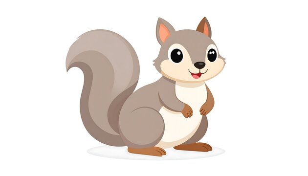 A friendly, cartoon-style squirrel with fluffy tail and cheerful expression against a white background. The critter has brown and grey fur