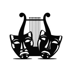 Dramatic theatrical masks with lyre musical instrument representing performance art.