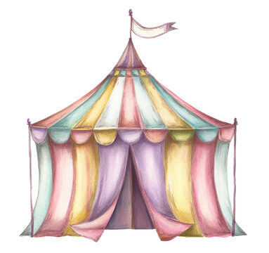 Circus tent, pastel watercolor clipart illustration with white background, in the style of Kelly Rae Roberts