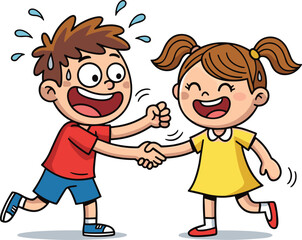 Cartoon children shaking hands, cheerful greeting, friendship moment, playful interaction, smiling kids, social bonding, motion pose, happy expression, outdoor fun