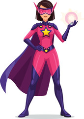 Cartoon female superhero with glowing virus symbol, health protection theme, pink costume, confident pose, educational awareness, white background illustration