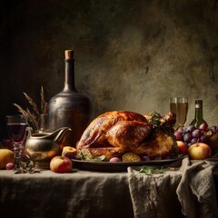 Rustic Thanksgiving Dinner with Roasted Turkey and Wine
