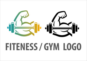 Fitness and gym logo with muscular arm and dumbbell