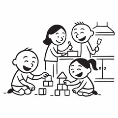 Cute black and white stick figure family chaos with parents cooking and kids playing