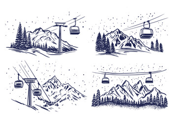 Ski lift in mountain, on white, sketch, hand drawn illustrations	
