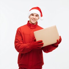 Smiling Courier in Santa Hat Holding Christmas Gift Box