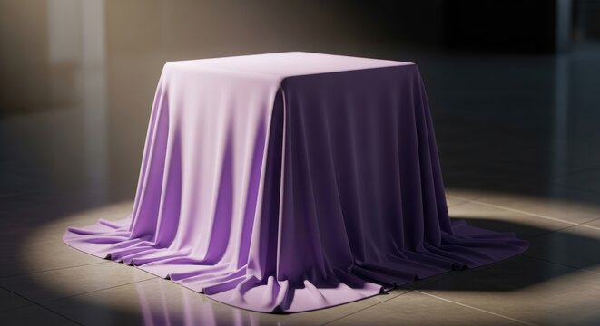 Elegant Product Unveiling Concept with Draped Purple Fabric and Spotlight