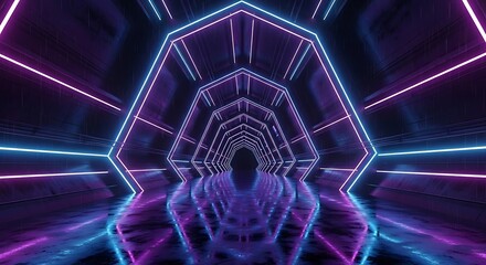 Futuristic neon tunnel with vibrant purple and blue lights, creating a dynamic and modern atmosphere for design projects